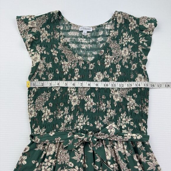 Luxology Green Floral Boho Midi Dress Large Smocked Top Tie Belt - Picture 7 of 9